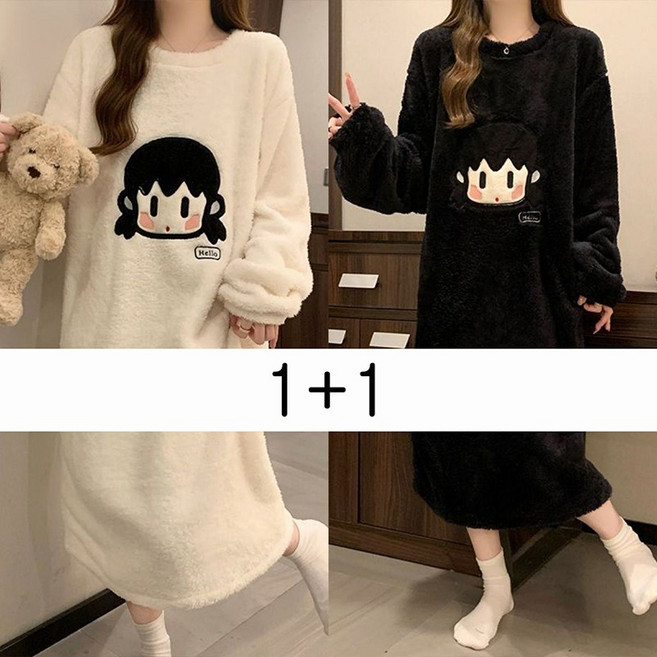 1+1 여성용 겨울 잠옷 원피스 세트 루즈핏 데일리 파자마 기모 귀여운 플란넬 홈웨어 원피스 LJX