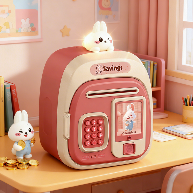 LOTUSNEX 디지털 저금통 비밀번호 금고 동전 ATM 미니금고 지폐 저금통, 붉은 토끼