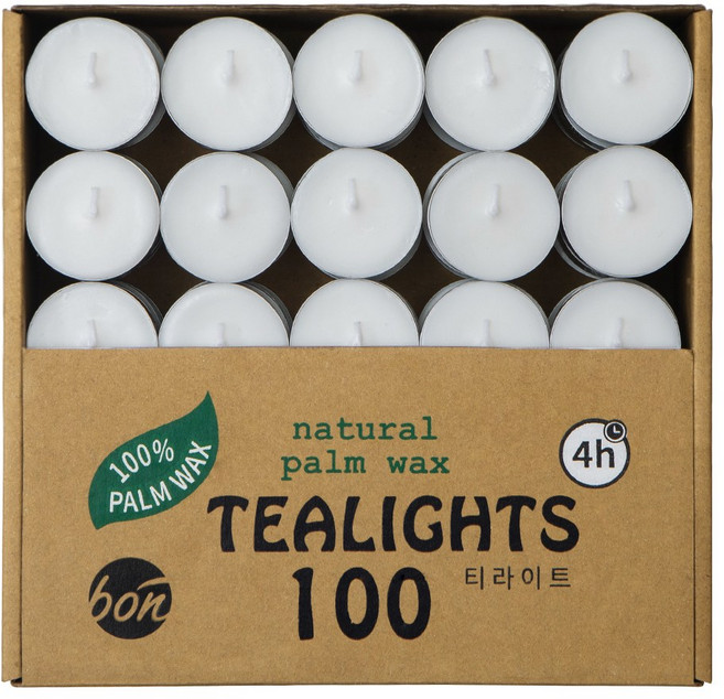 본캔들 인도네시아산 야자열매추출 천연 팜 티라이트 캔들 100개 무향 4시간연소, 14g