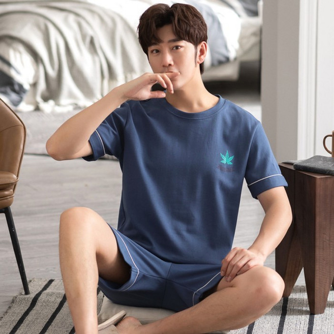 男士夏季短袖短褲睡衣兩件套裝 簡約休閒家居服