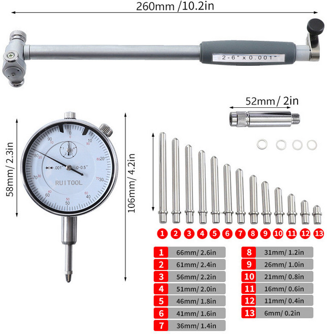 RUITOOL 英製內徑百分錶 2-6/ 高精度量錶, 1個, 英制內徑百分表（黑盒）