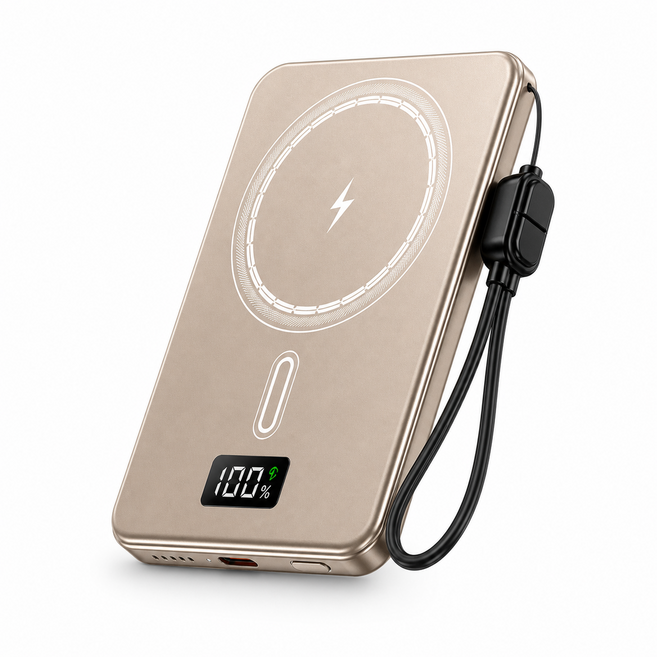 DS-608 磁吸無線行動電源 薄型金屬機身 數顯快充, 黑色+掛繩數據線-20000毫安