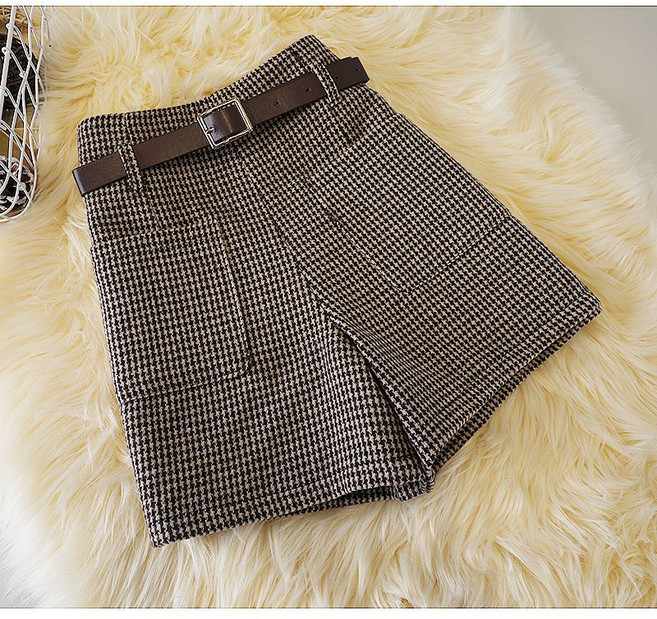 별하늘 여성용 격자 무늬 A라인 하이웨스트 모직 반바지(벨트 선물하기)