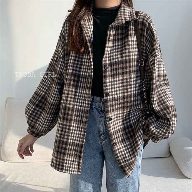 《杜達女孩》加厚毛呢襯衫 兩穿 翻領排釦 長袖 秋冬格紋襯衫