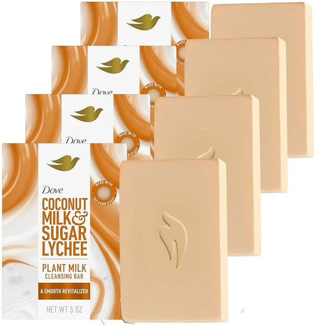 도브 식물성 우유 클렌징 바 비누 밀크 & 슈가 리치 스무스 리바이탈라이저 4개 보습 피부 순한 클렌저 황산염 또는 파라벤 없음 생분해성 포뮬러 5온스 98%, 도브 플랜트 밀크 클렌징 바 솝 4개 - 쿠팡