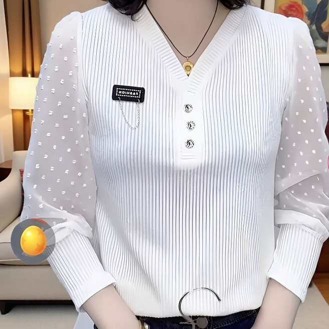 중년 여성 빅사이즈 긴팔 쉬폰 블라우스 봄가을 간절기 엄마룩 패션 캐주얼 패치 데일리 브이넥 루즈핏 아우터 상의