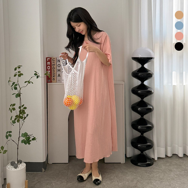 디테일웨어 여성 쥬시 주름 롱원피스 밑단프릴 라운드넥 반팔 원피스 빅사이즈 시원한소재 임부복 홈웨어 젊줌마 원피스