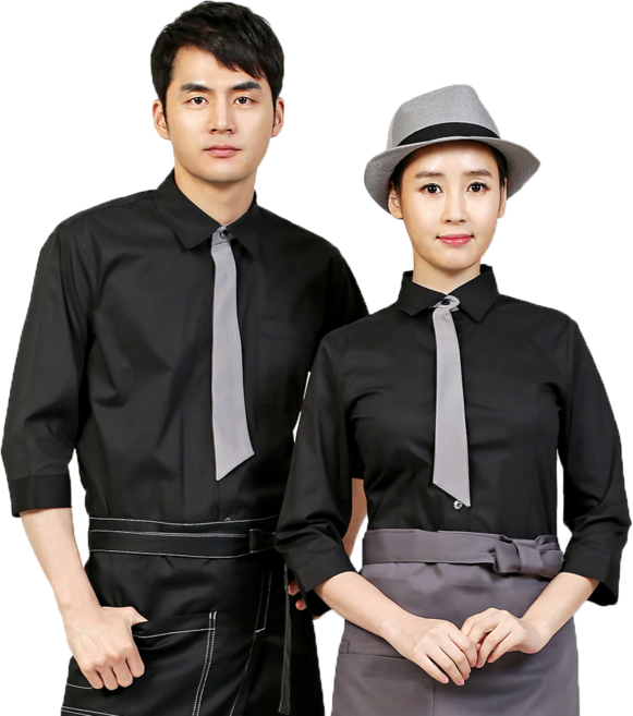 검정 블랙 타이 스판 칠부 셔츠 - 타이 부착 제품 / 서빙 식당 레스토랑 카페 호텔 유니폼