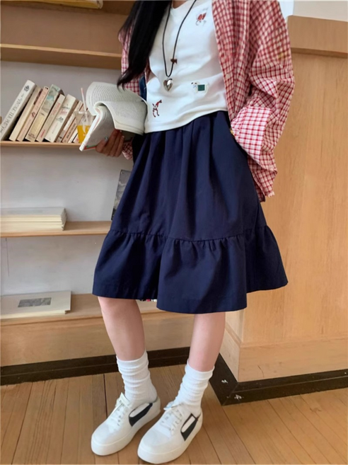 GUEFOON 大碼胖mm美式復古半身裙女夏季寬鬆百搭半裙鬆緊腰a字裙子短裙韓