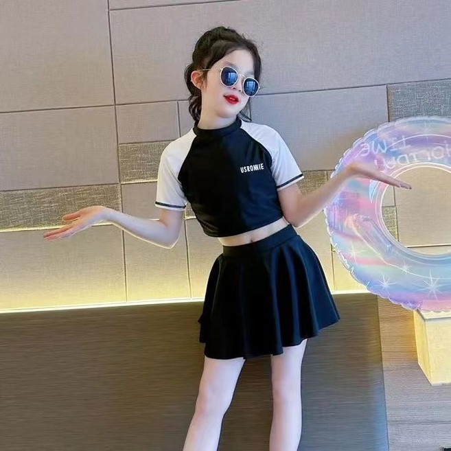 USRROMIE 女孩兒童泳衣 短袖裙式分體游泳套裝