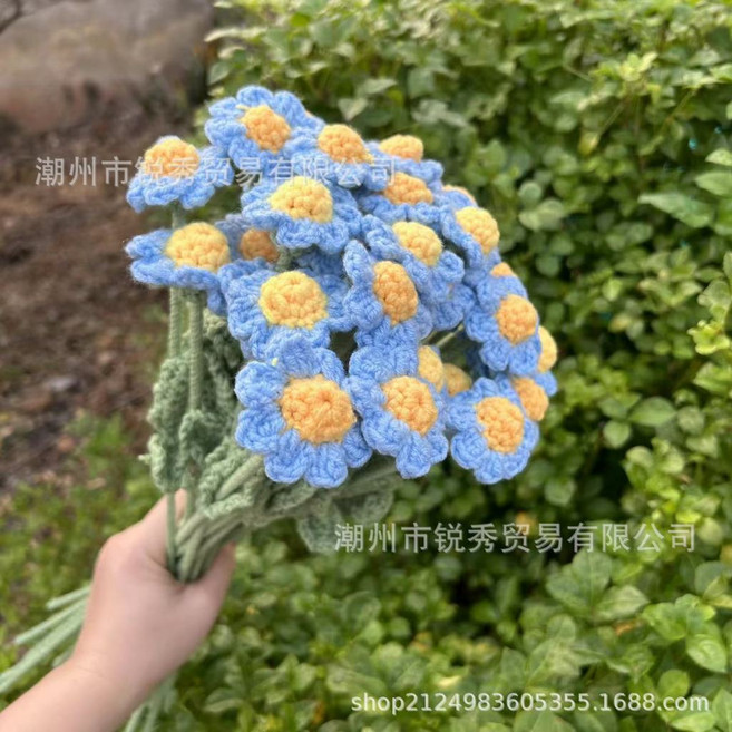 編織花束 手工毛線花, 24.藍小雛菊一隻 長約42CM
