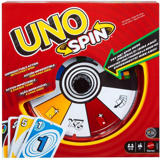 Mattel Games UNO 어린이 성인 및 가족의 밤을 위한 스핀 카드 게임 장난감 스피너가 있는 클래식 플레이 새로운 도전 규칙 비오는 날 활동 132573, Mattel Games UNO 어린이, 성인 및 가족의