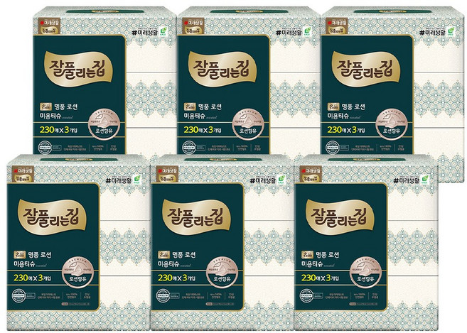 잘풀리는집 명품 로션 천연펄프 미용티슈 2겹, 230매, 6개