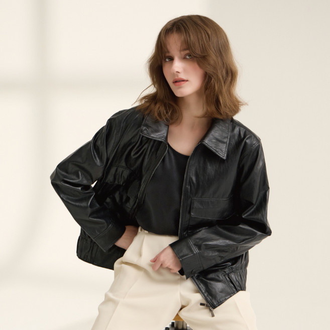 지베르니 여성 봄가을 간절기 출근길 나들이 비건레더 블루종 자켓