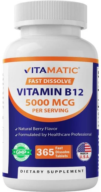 Vitamatic 비타민 B12 5000mcg - 365 빠른 용해 태블릿 베리 맛 - 에너지 생산 및 신경계 건강 지원 - GMO 프리 글루텐 프리, 알약/캡슐, 1개, 365정 - 쿠팡