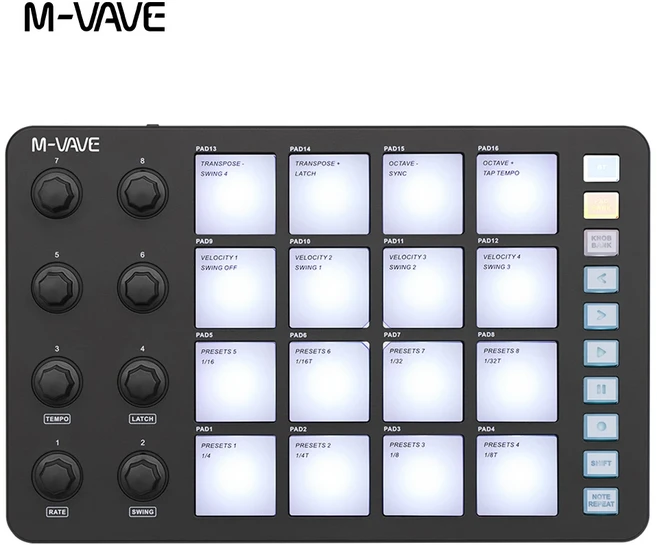 M-VAVE SMC-PAD 런치 패드 USB-C 인터페이스 휴대용 디자인 소형 무선 MIDI 컨트롤러 타악기 키보드에 적합, 01 PAD-Black-MV