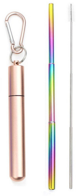재사용 가능한 텔레스코픽 빨대 304 스테인리스 스틸 금속 청소 브러시 휴대용 세트 여행 케이스, Gold Muticolor, 1개