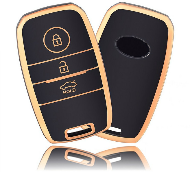 OFFCURVE 기아 자동차 엣지라인 3버튼 모닝 레이 풀커버 스마트키 키커버 키홀더 호환 스포티지 셀토스 쏘렌토 카니발 니로 K5, 블랙 골드