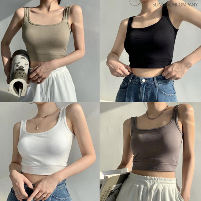 이너퀸 프리수 여성용 크롭 무지 심리스 라운드 나시탑 민소매 브라탑 캡내장 7741심리스탑