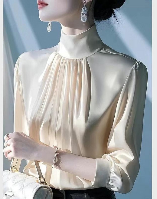 여성 풀오버 긴팔 새틴 셔츠 봄 여자 기질 새틴 하이넥 블라우스 고급 터틀넥 셔츠 LT