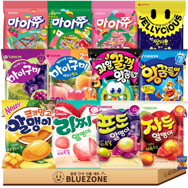 젤리 혼합 A세트 마이구미포도 마이구미백도황도 자두알맹이 포도알맹이 리찌알맹이 코코망고알맹이 왕꿈틀이 과일꿀꺽왕꿈틀이 핵짱셔요콜라 마이쮸 애플망고 핑크리치 캔털루프멜론 하스, 66g, 13개