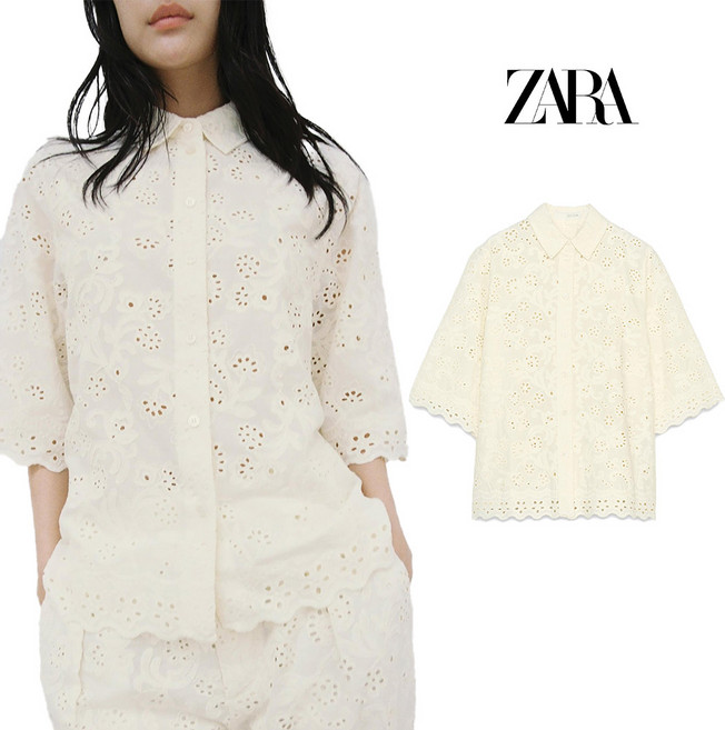 자라 여성 펀칭 자수 셔츠 반팔 ZW컬렉션 라펠칼라넥 반소매 크림