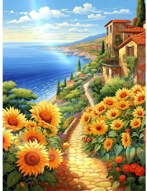 DIYEE 비즈 큐빅 보석십자수 세트 패브릭형 30x40cm, OH210 지중해 해바라기, 1개