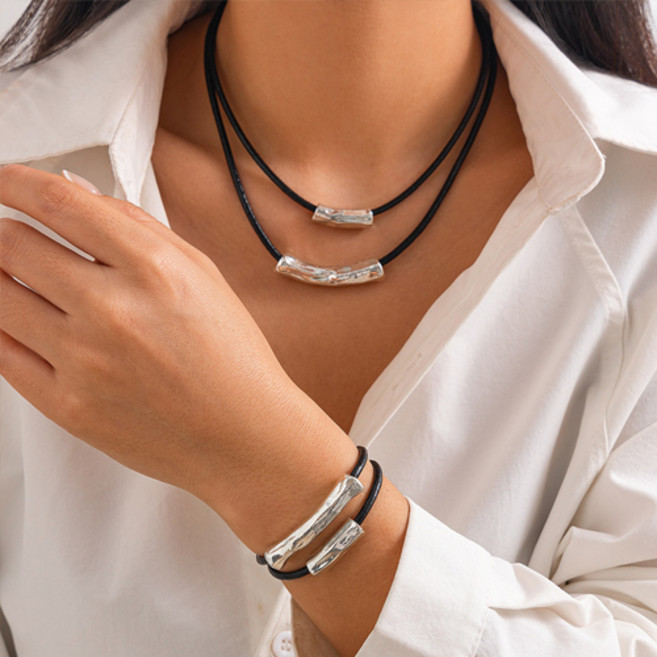 여성 유니크 볼드 실버 바 레더 두줄 목걸이 팔찌 2종 세트 A2370