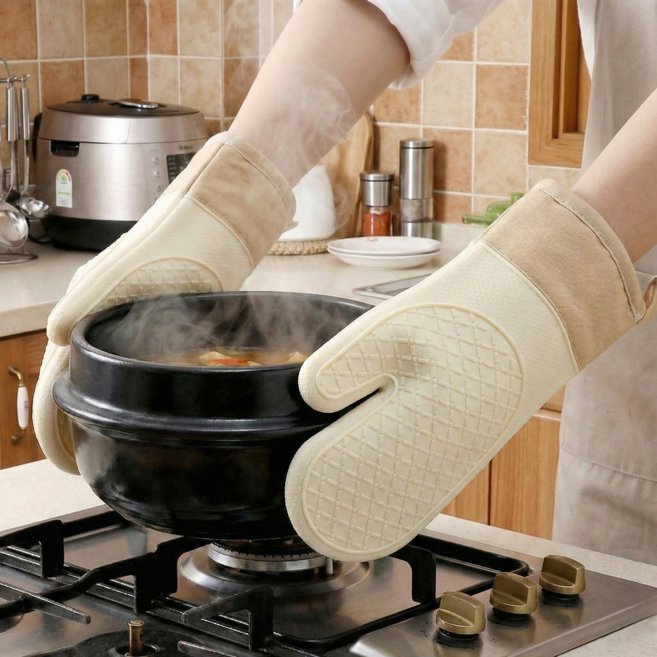 임셀 내열 논슬립 실리콘 주방 오븐 장갑 2p, 1세트, 아이보리 베이지