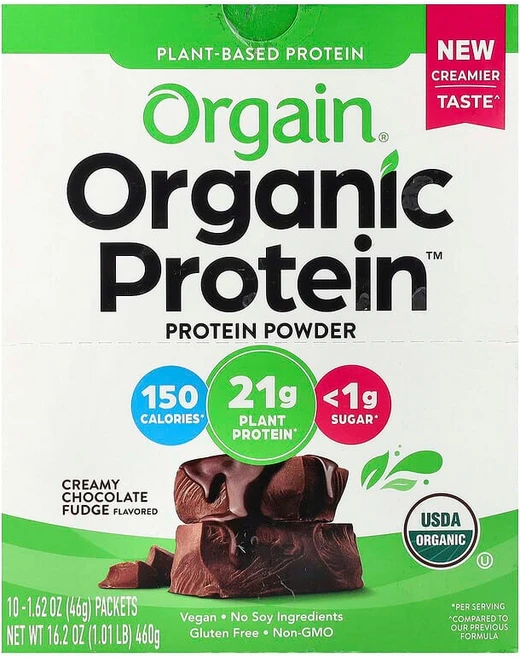 Orgain Organic Protein™ 분말 식물성 크리미 초콜릿 퍼지 10팩 각 46g(1.62oz) OGA-00700, 46g - 쿠팡