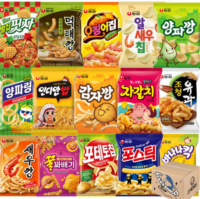 [스낵365] 농심 스낵 봉지과자 15종세트 감자깡+새우깡+꿀꽈배기+양파링+인디안밥+자갈치+포스틱+포테토칩+바나나킥+오징어집+조청유과+먹태깡+벌집핏자+양파깡+알새우칩, [스낵365]농심스낵15종, 1세트