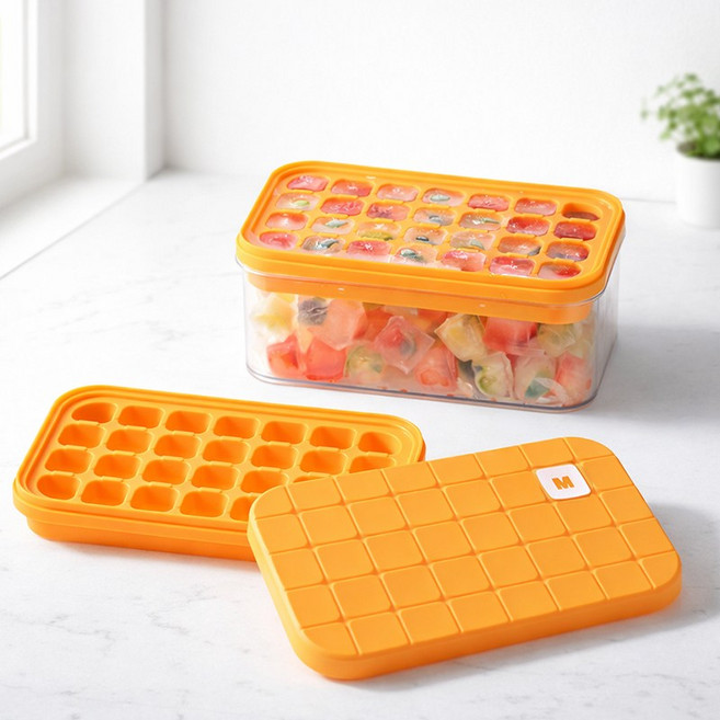 ROYAI ONE 대용량 원터치 푸쉬 얼음 트레이 사각 실리콘 얼음통 세트, 1개, 오렌지