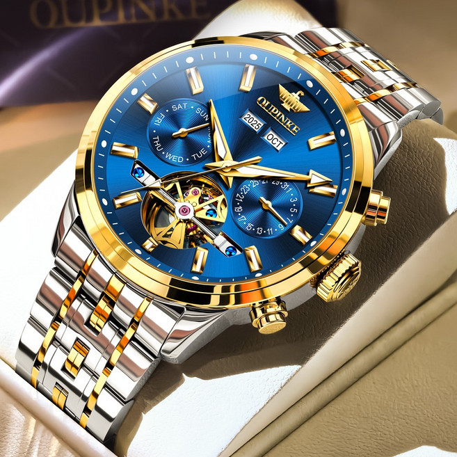 OUPINKE 남성 시계 정품 패션 자동 기계식 오토매틱 럭셔리 명품 워터프루프 야광 다기능 메탈 남성시계