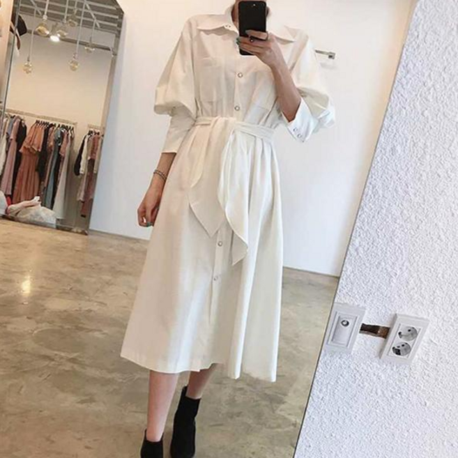 [레티고] 루즈핏 무드 롱 퍼프 소매 셔츠 원피스