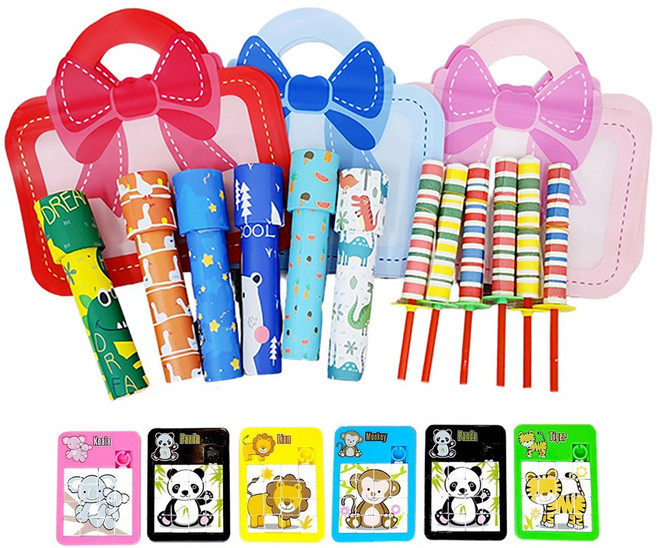 어린이집 유치원 생일 선물 답례품 구디백 어린이 아동 유아 키즈 만화경+미니퍼즐+종이총+포장용 비닐백, 6세트, 혼합색상