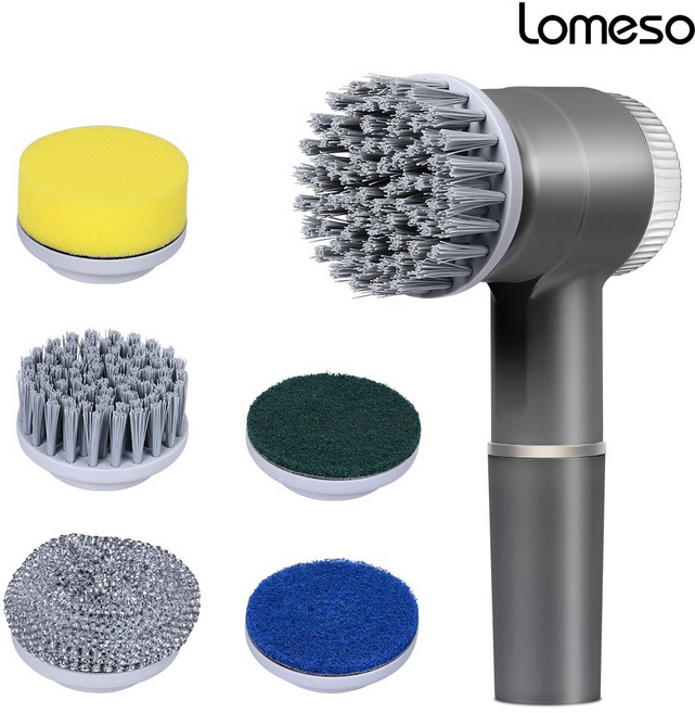 LOMESO 무선 전동 청소솔 다용 워시스핀 주방 설거지 욕실 화장실 백화상점 전동 자동 브러쉬, 1세트, 그레이