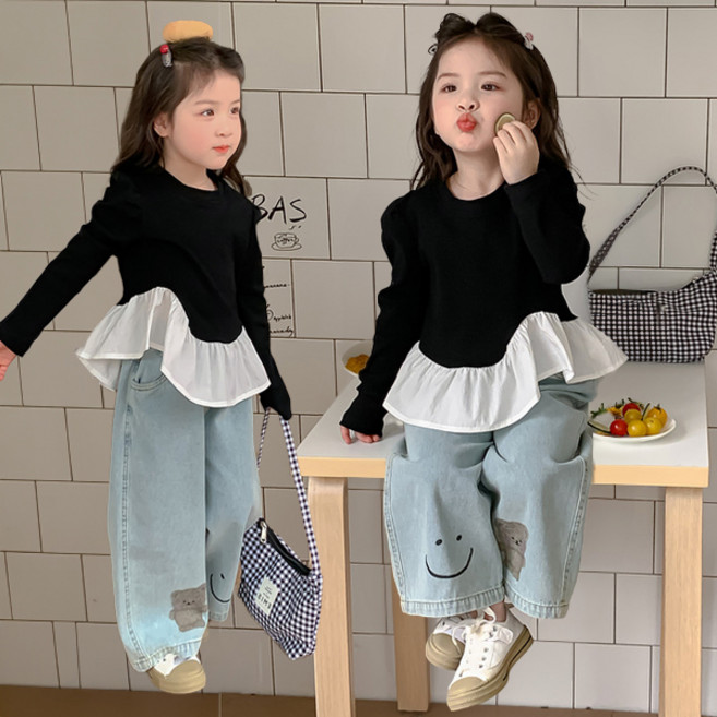 [더사랑이] 화이트프릴 블랙 데님팬츠 상의+하의 세트 상하복 상하세트 여아상하복세트 등원룩 나들이룩