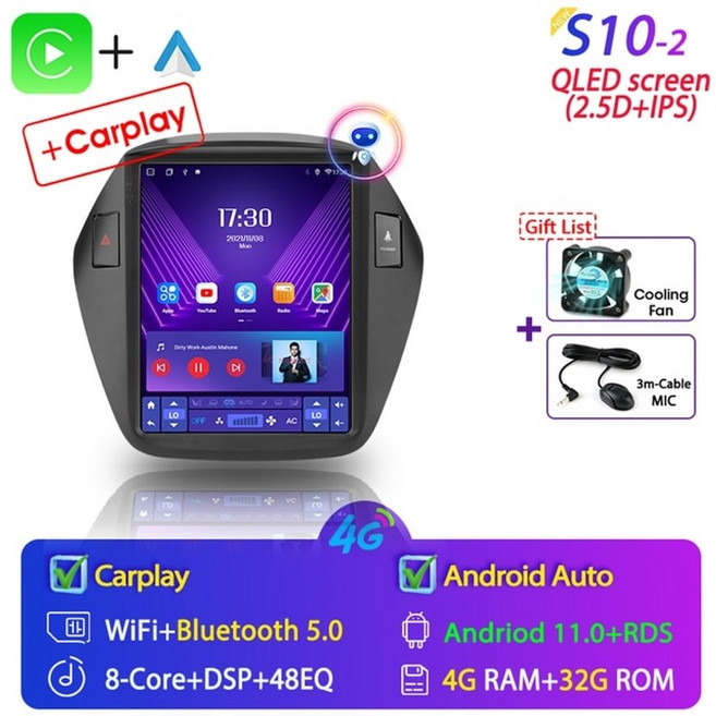 안드로이드올인원 안드로이드오토 현대 ix35 투싼 2009-2015용 안드로이드 11, s10-2 마이크 팬