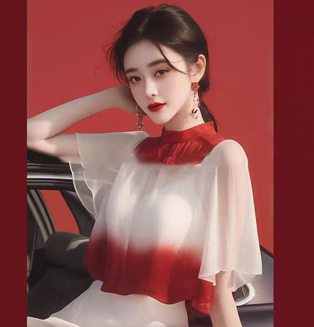 페이준 여성 봄 여름 하이넥 그라데이션 반팔 블라우스 프릴 소매 쉬폰 블라우스 YJ3324