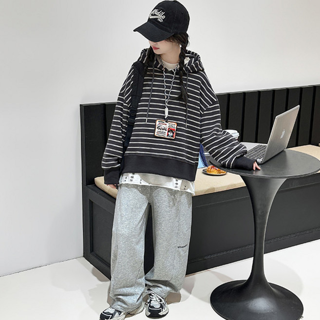 비비키드 여아 봄 가을 초중생 스트라이프 후드티 레터링 상하복 세트 주니어 긴팔 상의+하의 세트 초등생 긴바지 (77730)