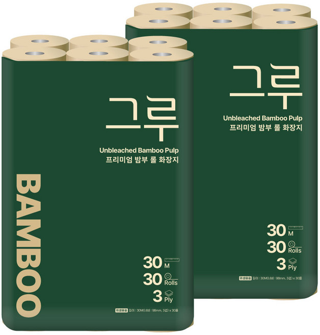 삼정펄프 그루 프리미엄 밤부 천연펄프 3겹화장지 30M 30롤 2팩, 2개, 30개입