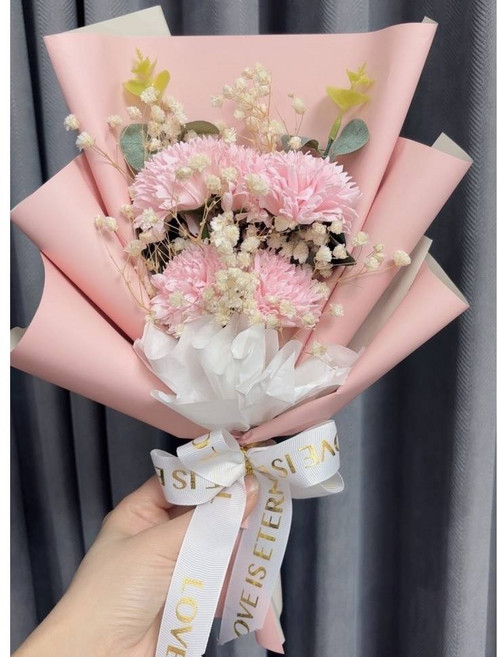 粉色康乃馨滿天星乾燥花束, (32cm)五朵粉色康乃馨香皂花束(搭滿天星), 1件