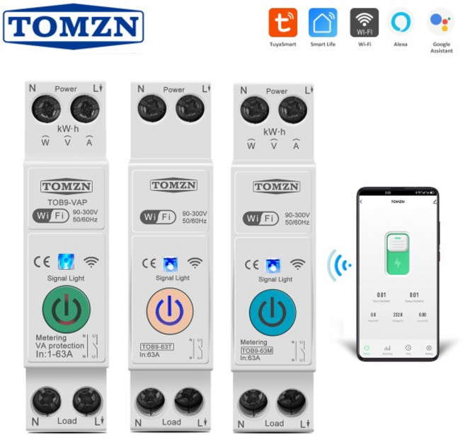 TOMZN 63A 1P+N WIFI 스마트 스위치 에너지 미터 Kwh 계량 모니터링 회로 차단기 타이머 릴레이 MCB TUYA s, TOB9-63T No metering, 20A, 1개