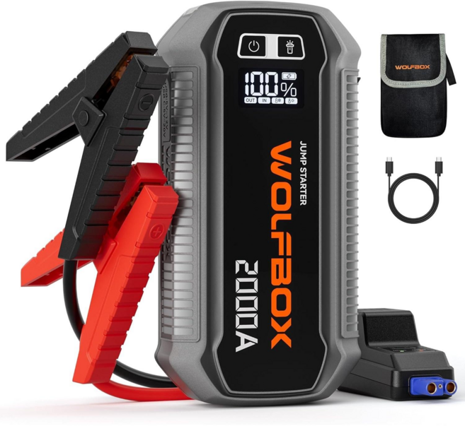 WOLFBOX 자동차 점프스타터 보조배 12V 12000mAh 배터리 점프 스타터 휴대용 LED 디스플레이+스마트 점프 케이블+ 파 우치백, 1세트, 1개입
