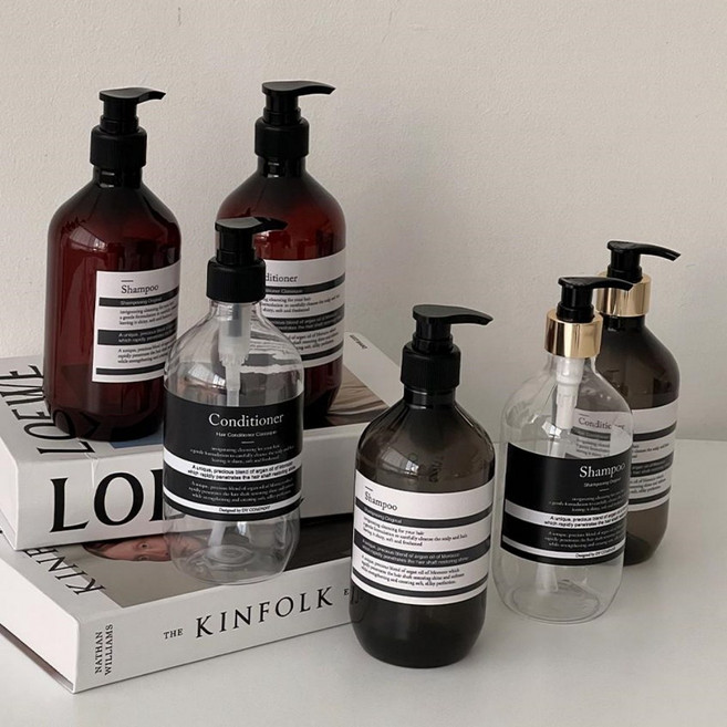 욕실 디스펜서 샴푸 공병 샴푸용기 500ml 리필통 샤워실 샴푸병 컨디셔너 용기 호텔 인테리어 보관병, 바디워시라벨, 갈색500ml