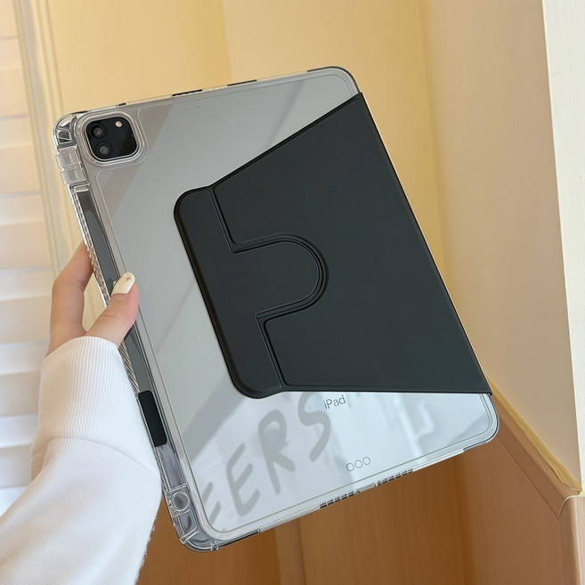 iPad 10.2吋 Air3/Pro 10.5吋 ipad 5 6 7 8 9代 平板保護套 支援充電筆槽 旋轉支架書本式殼, 高透旋轉亞克力書本款-黑色, 1個