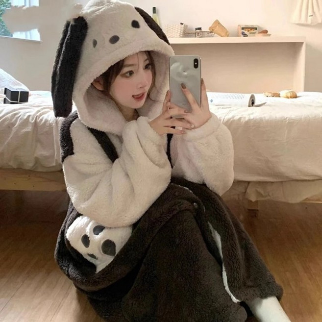 로엔비엔 강아지 잠옷 인사템 동물 캐릭터 후드 극세사 원피스 수면 파자마 성인 점프슈트 커플 파티