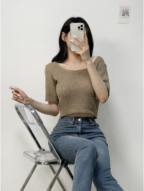 스노우 라운드 스퀘어넥 크롭 반팔 니트 4col