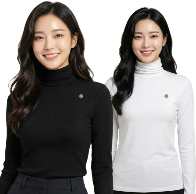 프로텍트유 1+1 여성 기모 목폴라 긴팔티 티셔츠 브로치 패키지