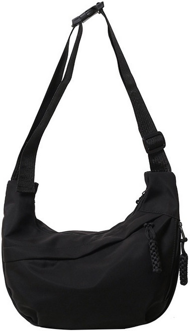 尼龍防潑水大容量餃子包 半月型單肩斜挎包, 韓版純色餃子包-黑色